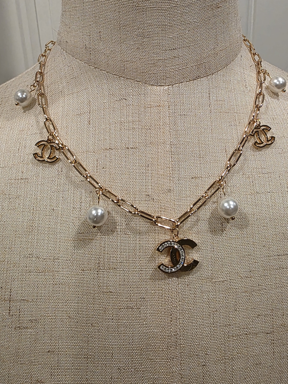 Gold Chain Necklace with Pearl Charms - Picture 3 of 3